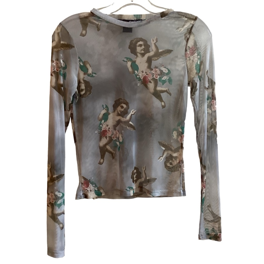 Polly & Esther Sheer Nylon Cherub Angel Print Gray blouse Misses size S